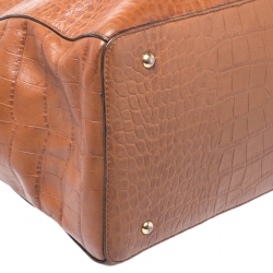 Pre Owned Lauren Ralph Lauren Brown Croc Embossed Leather Double Zip Tote