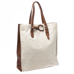 Pre Owned حقيبة شوبر رالف لورين كانفاس وجلد كريمي/بني فاتح