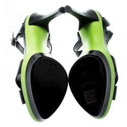 Pre Owned Ralph Lauren Black And Lime Green Leather Joelle Ankle Strap Platform Sandals Size 37