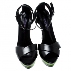 Pre Owned Ralph Lauren Black And Lime Green Leather Joelle Ankle Strap Platform Sandals Size 37