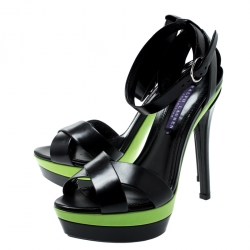Pre Owned Ralph Lauren Black And Lime Green Leather Joelle Ankle Strap Platform Sandals Size 37