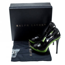Pre Owned Ralph Lauren Black And Lime Green Leather Joelle Ankle Strap Platform Sandals Size 37