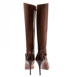 Pre Owned Ralph Lauren Cognac Brown Leather Vivera Buckle Detail Knee Length Boots Size 40