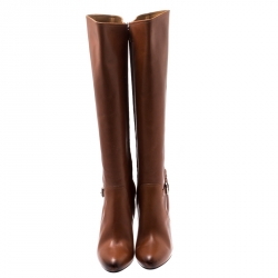 Pre Owned Ralph Lauren Cognac Brown Leather Vivera Buckle Detail Knee Length Boots Size 40