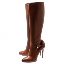 Pre Owned Ralph Lauren Cognac Brown Leather Vivera Buckle Detail Knee Length Boots Size 40
