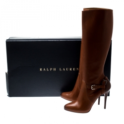Pre Owned Ralph Lauren Cognac Brown Leather Vivera Buckle Detail Knee Length Boots Size 40