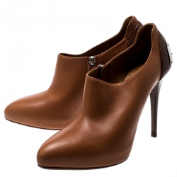 Pre Owned Ralph Lauren Cognac Brown Leather Platform Booties Size 38