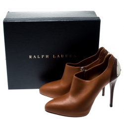 Pre Owned Ralph Lauren Cognac Brown Leather Platform Booties Size 38