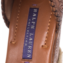 Pre Owned Ralph Lauren Brown Floral Leather Espadrille Wedge Platform Ankle Strap Sandals Size 37