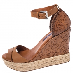 Pre Owned Ralph Lauren Brown Floral Leather Espadrille Wedge Platform Ankle Strap Sandals Size 37