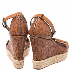 Pre Owned Ralph Lauren Brown Floral Leather Espadrille Wedge Platform Ankle Strap Sandals Size 37