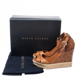 Pre Owned Ralph Lauren Brown Floral Leather Espadrille Wedge Platform Ankle Strap Sandals Size 37