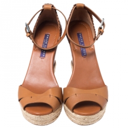 Pre Owned Ralph Lauren Brown Floral Leather Espadrille Wedge Platform Ankle Strap Sandals Size 37
