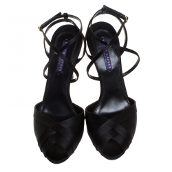 Pre Owned Ralph Lauren Black Satin Peep Toe Blasira Ankle Strap Sandal Size 39.5