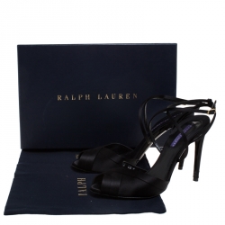 Pre Owned Ralph Lauren Black Satin Peep Toe Blasira Ankle Strap Sandal Size 39.5