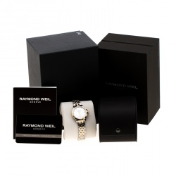 Pre Owned Raymond Weil White Mother of Pearl Two-Tone Stainless Steel Tango 5960 Women's Wristwatch 30 mm