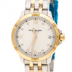 Pre Owned Raymond Weil White Mother of Pearl Two-Tone Stainless Steel Tango 5960 Women's Wristwatch 30 mm