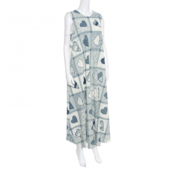 مملوكة مسبقًا Red Valentino Beige and Blue Heart Printed Stretch Crepe Sleeveless Maxi Dress L