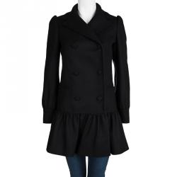 Red Valentino Black Wool Ruffle Bottom Double Breasted Coat S