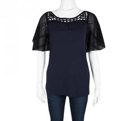 Pre Owned Red Valentino Navy Blue Contrast Cutout Sleeve Detail Top M