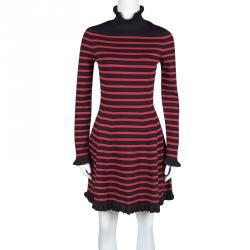 Pre Owned RED Valentino Black And Red Striped Knit Ruffle Trim Detail Long Sleeve Dress S