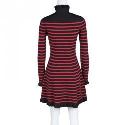 Pre Owned RED Valentino Black And Red Striped Knit Ruffle Trim Detail Long Sleeve Dress S