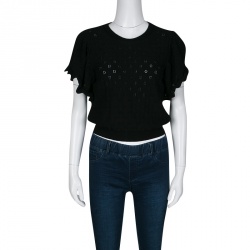 Red Valentino Black Perforated Knit Flutter Sleeve Crop Top M