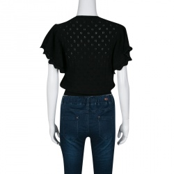Red Valentino Black Perforated Knit Flutter Sleeve Crop Top M