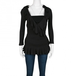 Pre Owned RED Valentino Black Ruffle Detail Long Sleeve Wrap Top M