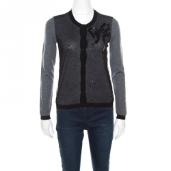 Red Valentino Grey Wool Embellished Mesh Overlay Bow Detail Cardigan S