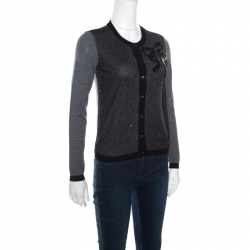 Red Valentino Grey Wool Embellished Mesh Overlay Bow Detail Cardigan S