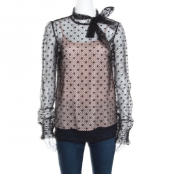 Pre Owned Red Valentino Black Swiss Dotted Tulle Neck Tie Detail Long Sleeve Blouse S