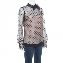 Pre Owned Red Valentino Black Swiss Dotted Tulle Neck Tie Detail Long Sleeve Blouse S