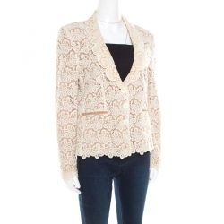 Pre Owned RED Valentino Beige and Cream Cutout Floral Embroidered Blazer L