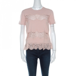 Pre Owned RED Valentino Blush Pink Knit Sheer Lace Paneled Crew Neck Top M