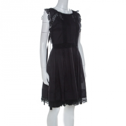 Pre Owned RED Valentino Black Cotton Pintucked Lace Trim Dress M