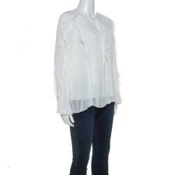 Pre Owned RED Valentino White Silk Ruffle Trim Blouse M