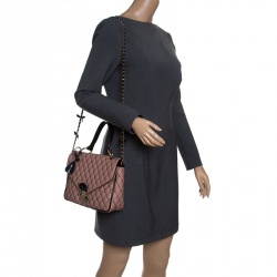 Pre Owned Red Valentino Peach Pink/Black Quilted Faux Leather and Lace Top Handle Shoulder Bag