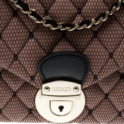 Pre Owned Red Valentino Peach Pink/Black Quilted Faux Leather and Lace Top Handle Shoulder Bag