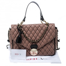 Pre Owned Red Valentino Peach Pink/Black Quilted Faux Leather and Lace Top Handle Shoulder Bag