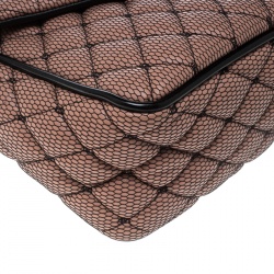 Pre Owned Red Valentino Peach Pink/Black Quilted Faux Leather and Lace Top Handle Shoulder Bag