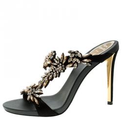 René Caovilla Black Shimmering Leather and Crystal Embellished Sandals Size 38
