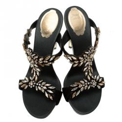 René Caovilla Black Shimmering Leather and Crystal Embellished Sandals Size 38