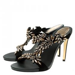 René Caovilla Black Shimmering Leather and Crystal Embellished Sandals Size 38