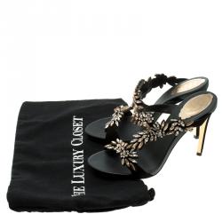 René Caovilla Black Shimmering Leather and Crystal Embellished Sandals Size 38