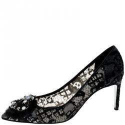 Rene Caovilla Dark Grey Lace and Mink Crystal Embellished Pointed Toe Pumps Size 37