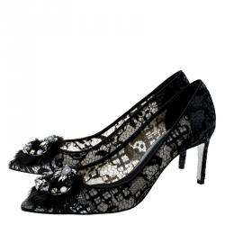 Rene Caovilla Dark Grey Lace and Mink Crystal Embellished Pointed Toe Pumps Size 37