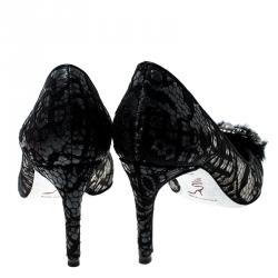 Rene Caovilla Dark Grey Lace and Mink Crystal Embellished Pointed Toe Pumps Size 37