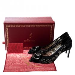 Rene Caovilla Dark Grey Lace and Mink Crystal Embellished Pointed Toe Pumps Size 37