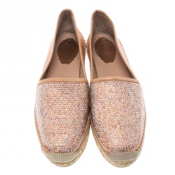 René Caovilla Peach Pink Canvas and Crystal Embellished Satin Espadrille Size 41